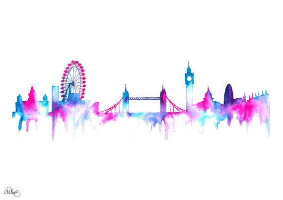570x403 London Cityscape Skyline. Watercolor Style Silhouette Art Print - London Skyline Watercolor