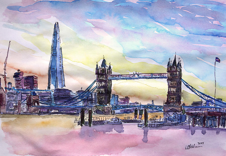 900x621 London Tower Bridge With The Shard Watercolor Art Painting By M - London Watercolor