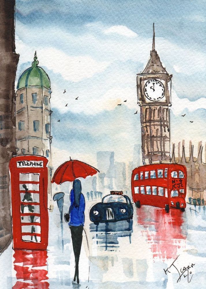 714x1000 Original Watercolour Painting Signed ~ London, A Rainy Day ~by Kj - London Watercolor
