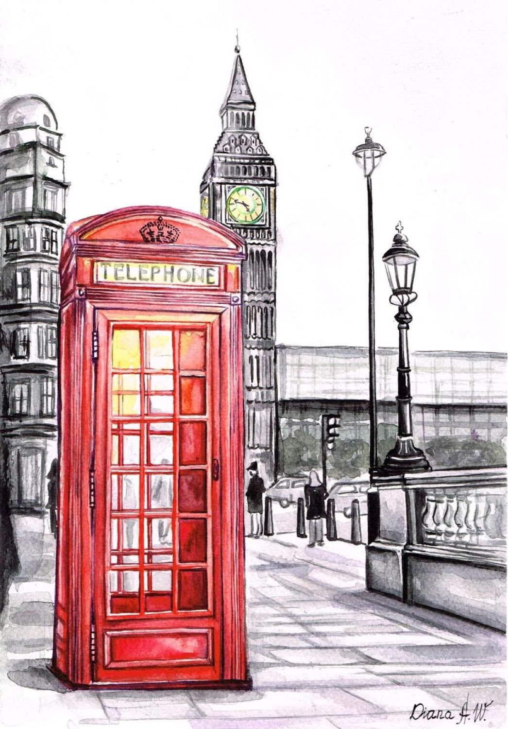 1046x1500 Diana Aleksanian Watercolor London, Red Telephone Box, Big Ben - London Watercolor