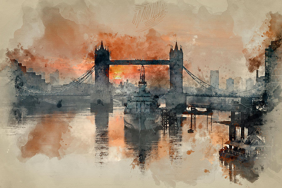 900x600 Watercolour Painting Of Sunrise Over Tower Bridge And River Thames - London Watercolor Paintings