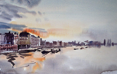 450x287 Watercolour Painting Of A Sunset On Putney Bridge, London - London Watercolor Paintings
