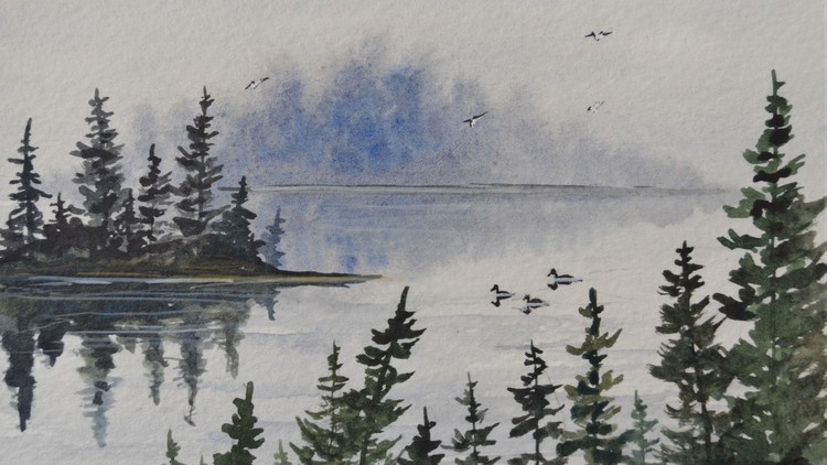 750x422 Watercolor Art Lake Scene With Birds - Loon Watercolor