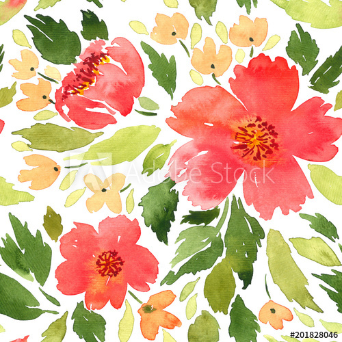 500x500 Seamless Watercolor Floral Pattern. Loose Flowers Painting - Loose Watercolor Flowers