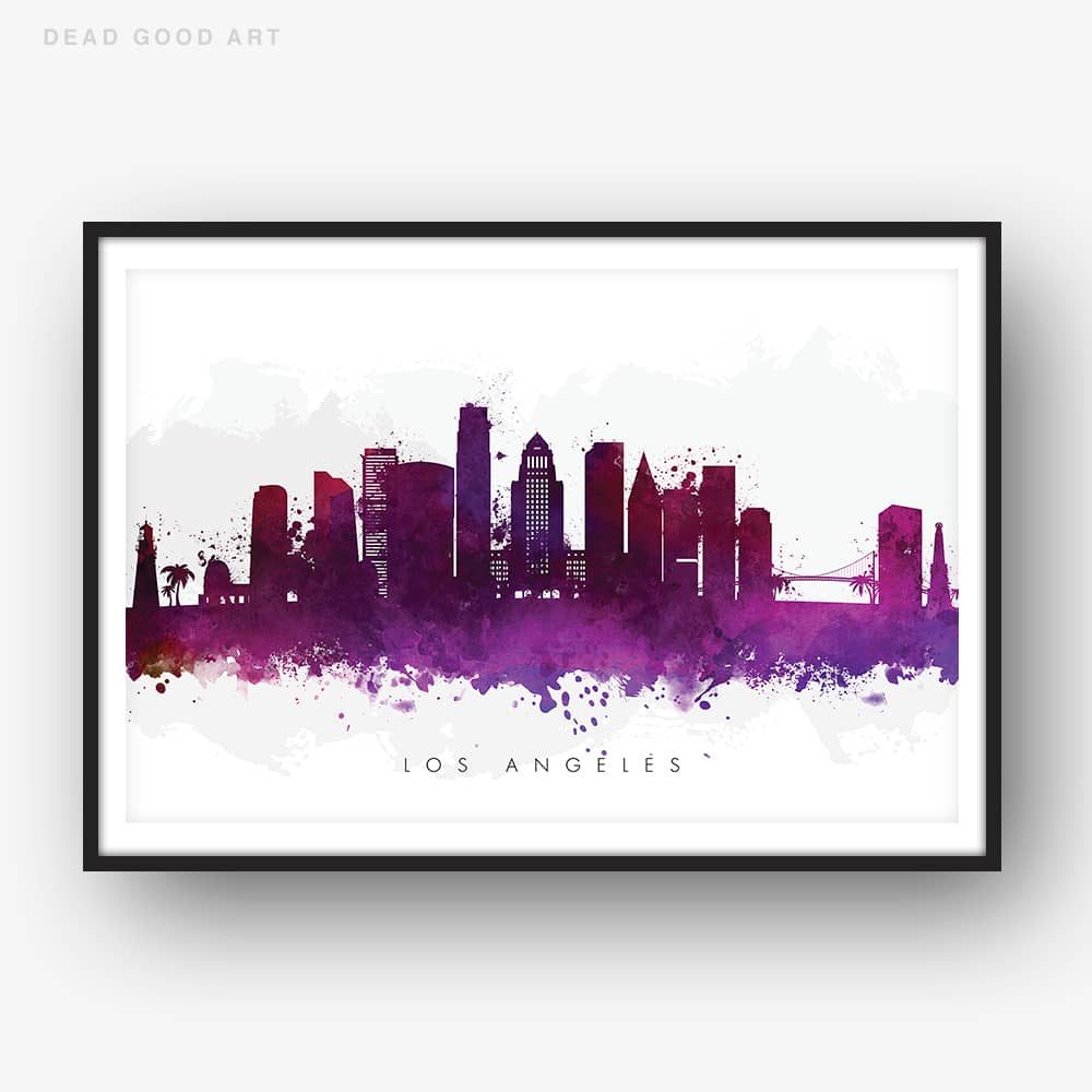 1000x1000 Los Angeles Skyline, Purple Watercolor Print Dead Good Art - Los Angeles Watercolor