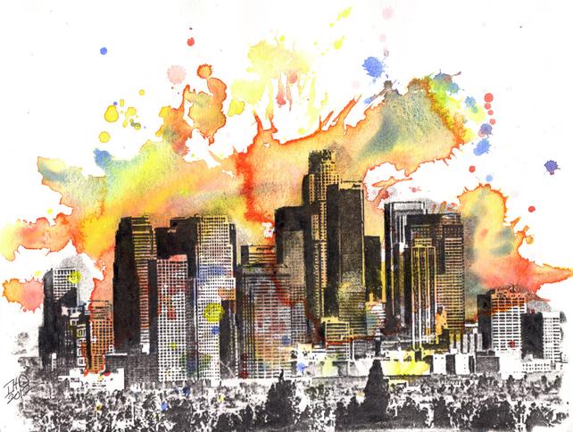 642x484 Los Angeles Skyline Art Print Watercolor Painting Los Angeles Etsy - Los Angeles Watercolor