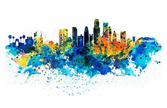 570x369 Los Angeles Skyline Watercolor Painting Wall Art Printable Art - Los Angeles Watercolor