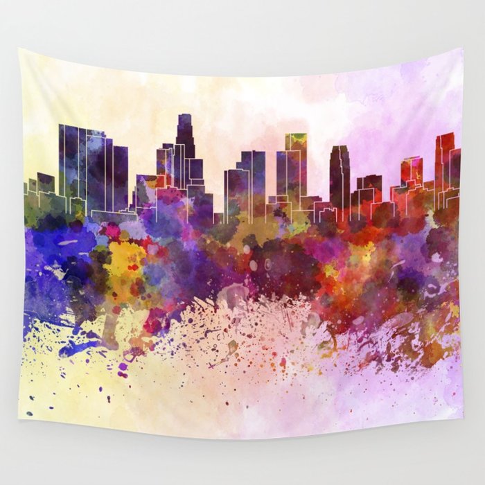 700x700 Los Angeles Skyline In Watercolor Background Wall Tapestry By - Los Angeles Watercolor