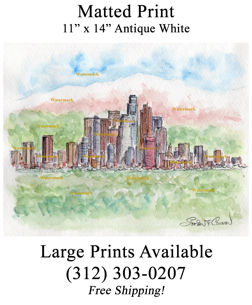 1000x1210 Los Angeles Skyline Watercolor Painting Of Downtown With Mountains. - Los Angeles Watercolor