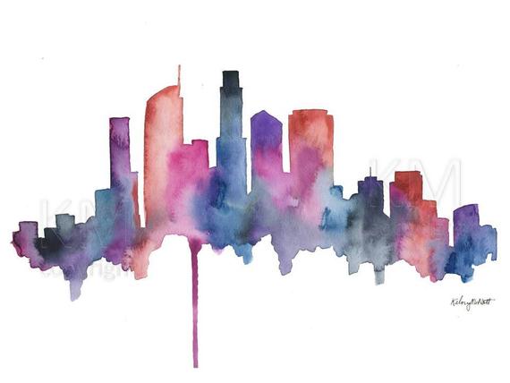 570x428 Watercolor Painting Los Angeles California Skyline Print Wall Etsy - Los Angeles Watercolor