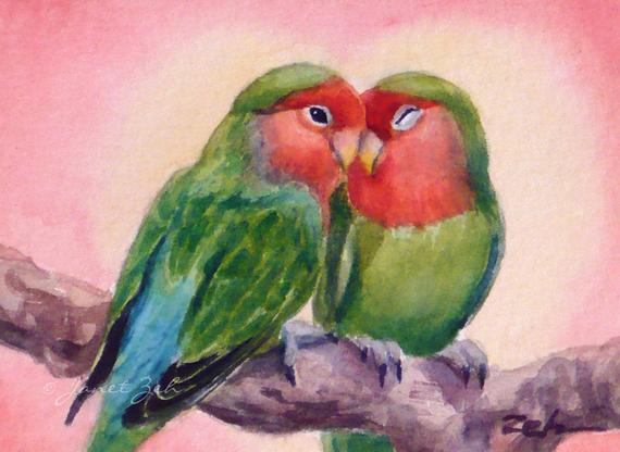570x416 Love Birds Art Print Lovebirds Watercolor Valentines Day Bird Etsy - Love Birds Watercolor