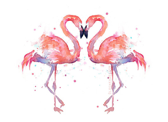 570x417 Two Flamingo Birds Watercolor Painting, Love Birds, Anniversary - Love Watercolor