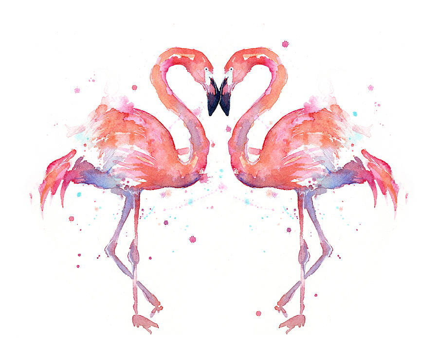 900x728 Flamingo Love Watercolor Painting By Olga Shvartsur - Love Watercolor Painting