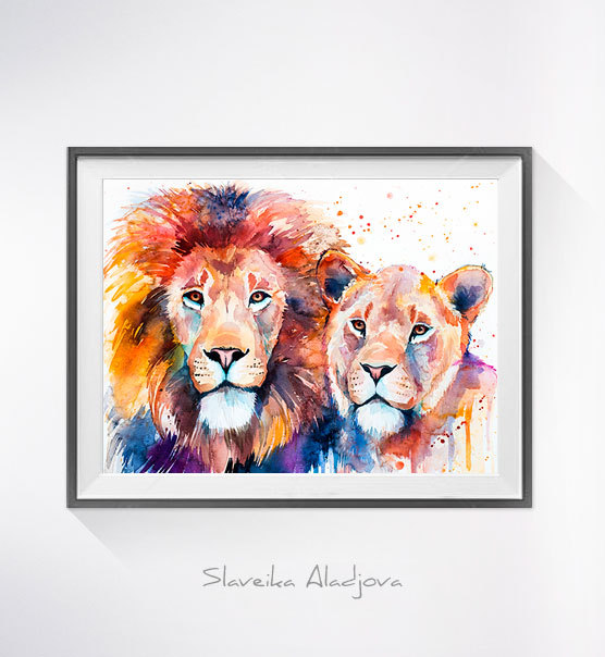 556x604 Lion Lioness Love Watercolor Painting Print - Love Watercolor Painting