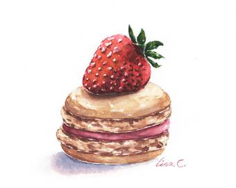 340x270 Watercolor Print Cherry Macaron Macaron Art Etsy - Macaron Watercolor