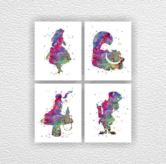583x573 Instant Download Alice In Wonderland Watercolor Silhouette Wall - Mad Hatter Watercolor