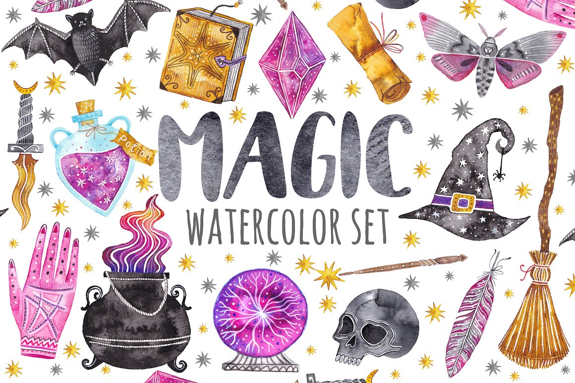 1160x772 Watercolor Magic Set. Witchcraft In Illustrations On Yellow Images - Magic Watercolor