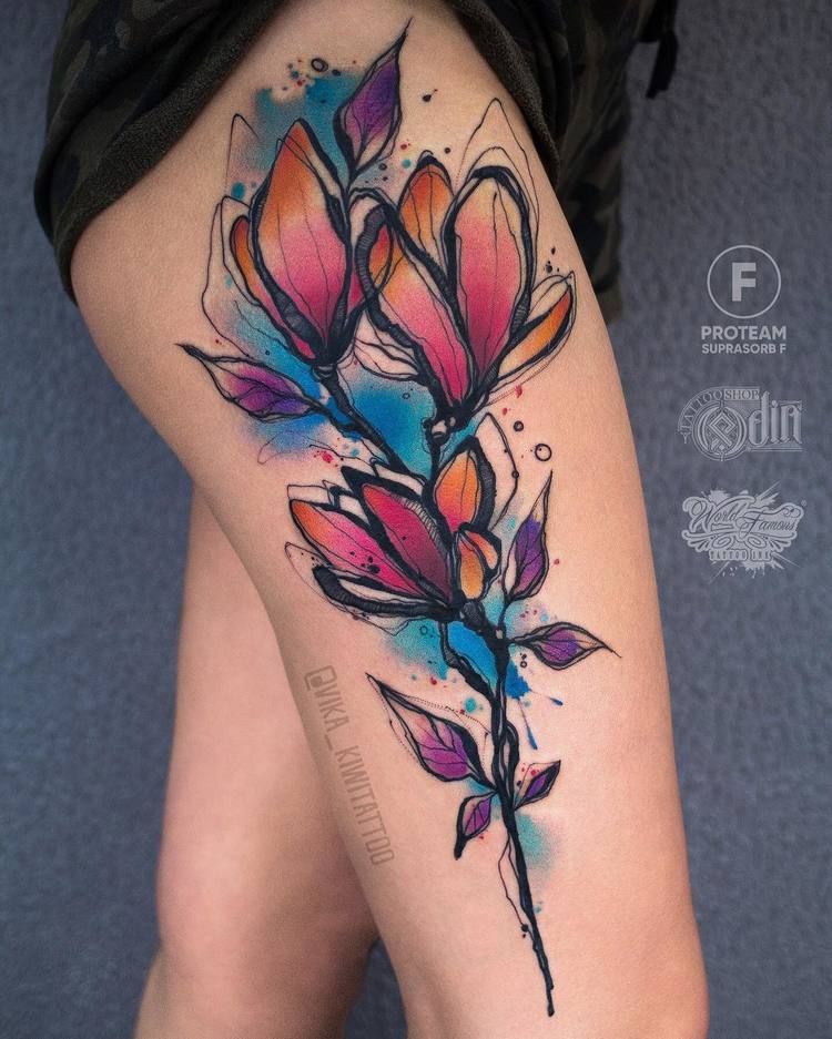 750x937 40 Graphic Watercolor Tattoos By Vika Kiwi - Magnolia Watercolor Tattoo