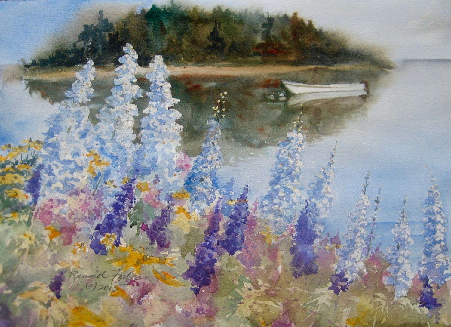 1500x1087 Summer In Maine Watercolor Original 11x15 Foxgloves Boat Small - Maine Watercolor