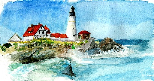 513x272 Watercolor Northeast Coastline Lighthouse Painting - Maine Watercolor