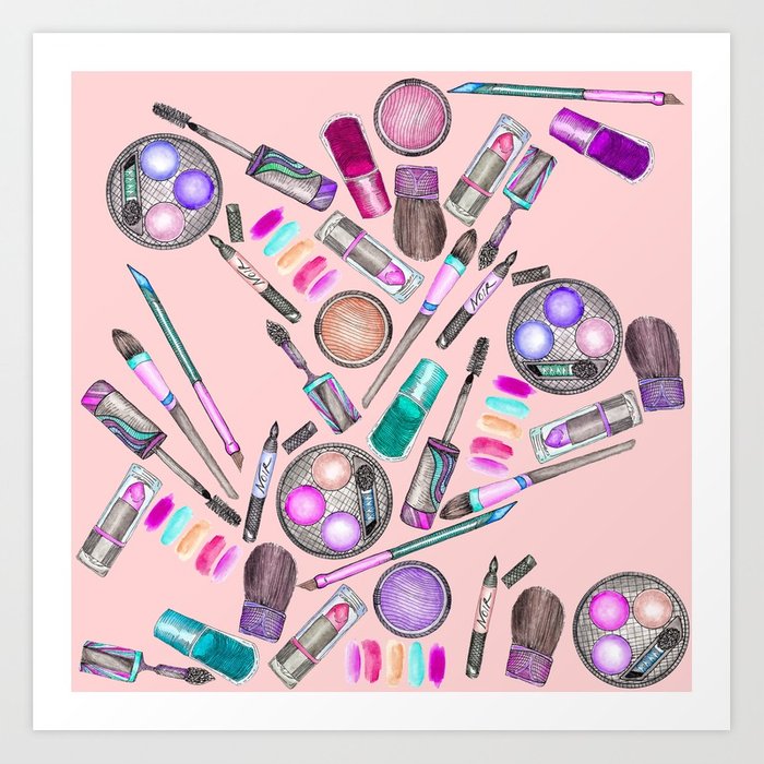 700x700 Girly Girl Hand Painted Watercolor Makeup On Pink Art Print By - Makeup Watercolor