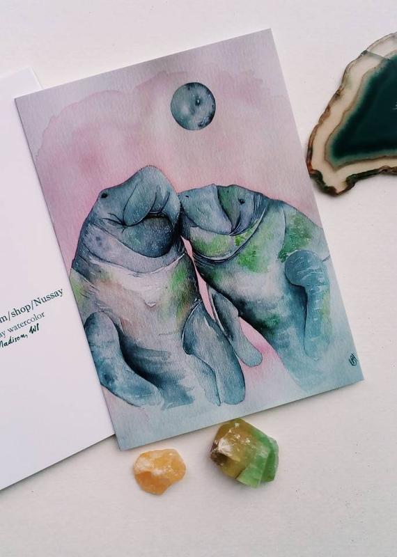 570x800 Manatee Card Watercolor Painting Etsy - Manatee Watercolor