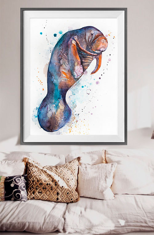 500x763 Manatee Watercolor Painting Print - Manatee Watercolor