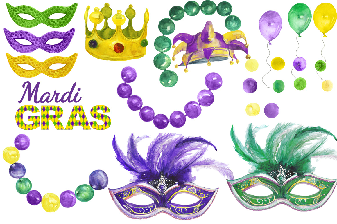 1160x772 Mardi Gras Watercolor Set By Dolly Potterson - Mardi Gras Watercolor