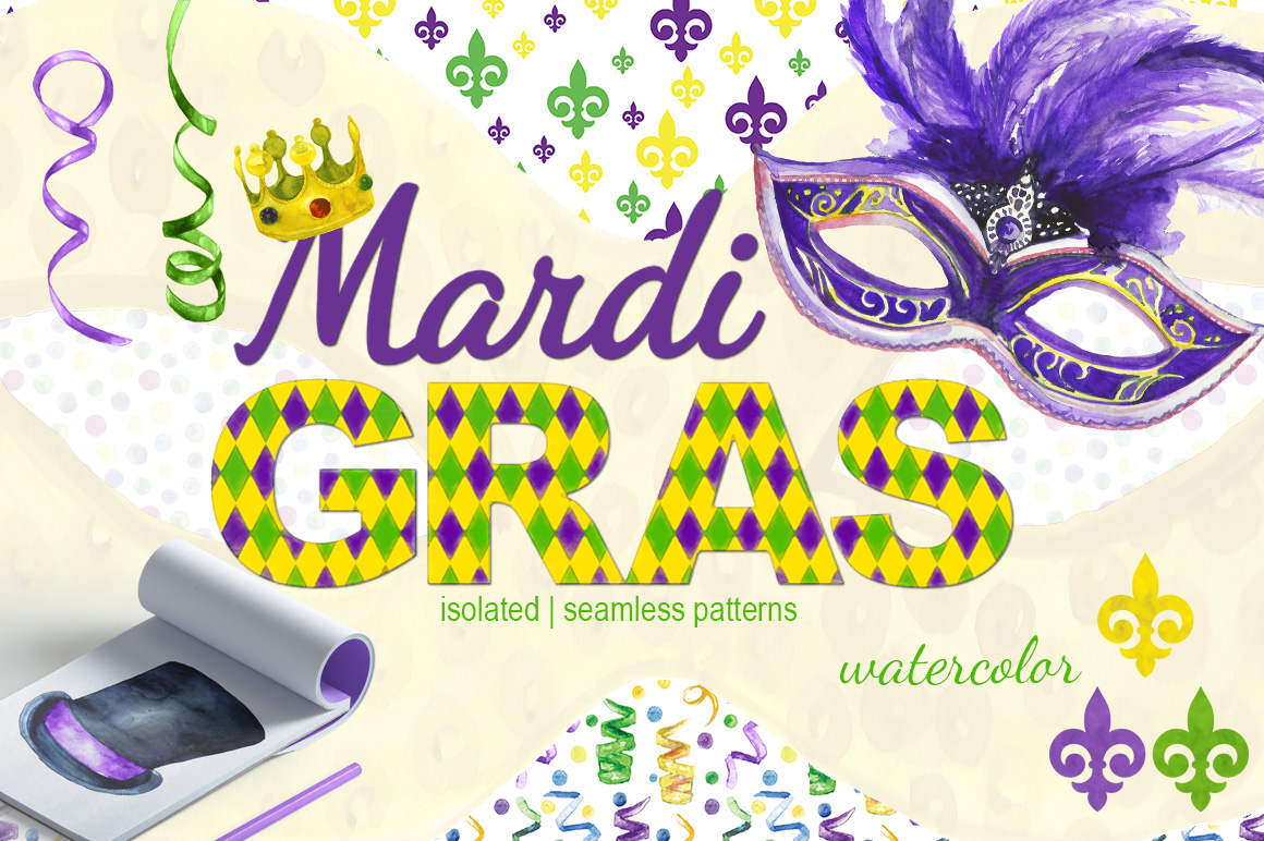 1160x772 Mardi Gras Watercolor Set In Illustrations On Yellow Images - Mardi Gras Watercolor