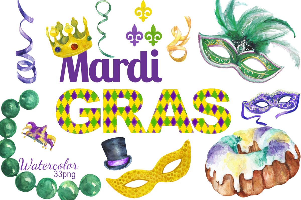 1200x800 Watercolor Mardi Gras Digital Clip Art - Mardi Gras Watercolor