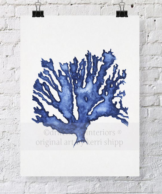 570x683 Sea Coral In Denim Watercolor Print 8x10 - Marine Life Watercolor