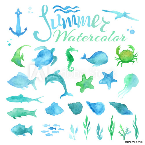 500x500 Vector Set Of Watercolor Marine Life. - Marine Life Watercolor
