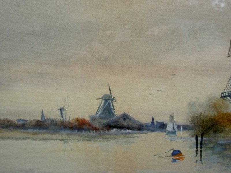 800x599 Marine Watercolor With Windmills By G L Herdle For Sale Antiques - Marine Watercolor