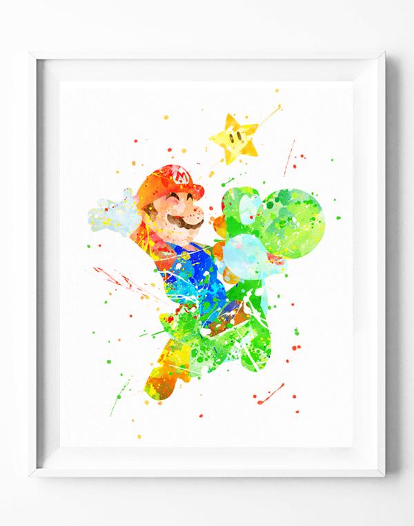 600x761 Super Mario Art Print Poster Yoshi Watercolor Painting Wall Art - Mario Watercolor
