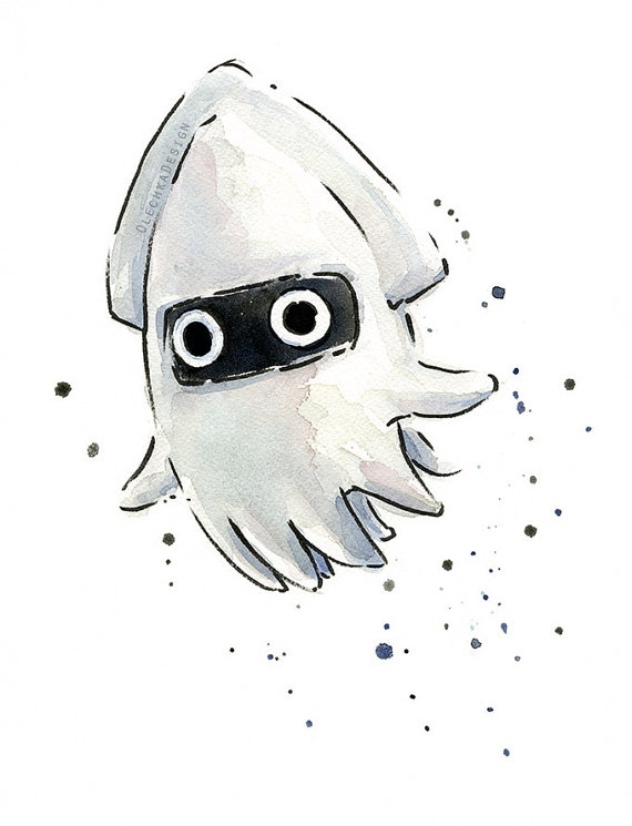 570x745 Blooper Squid Watercolor Art Print Mario Blooper Nintendo Print - Mario Watercolor