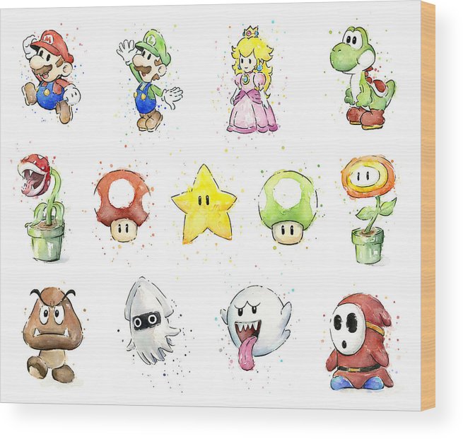 655x621 Mario Characters In Watercolor Wood Print By Olga Shvartsur - Mario Watercolor