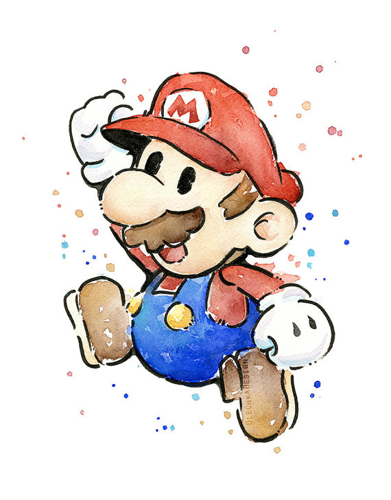 570x728 Mario Portrait Watercolor Art Print, Mario Print, Mario Watercolor - Mario Watercolor