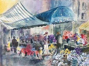 300x225 Original Watercolor Painting French Street Scene Flower Market - Market Watercolor