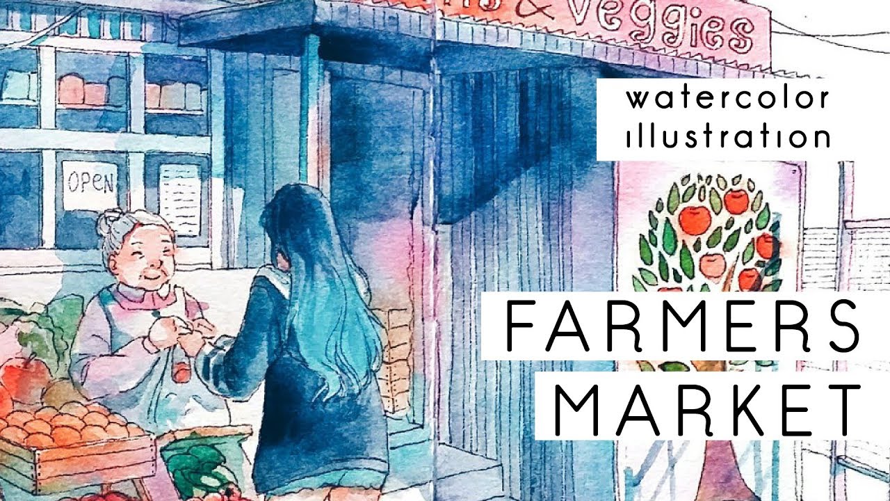 1280x720 Farmers Market Watercolor Illustration - Market Watercolor