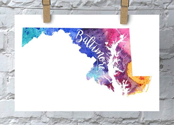570x409 Custom Maryland Map Art Maryland Watercolor Heart Map Home Etsy - Maryland Watercolor
