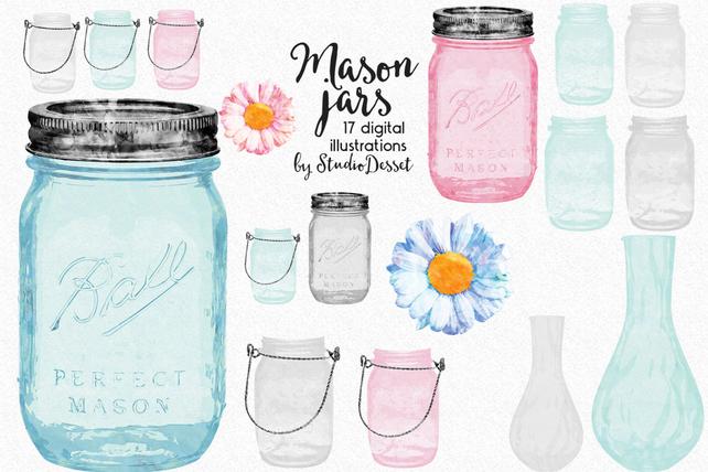 642x428 Mason Jars Cliparts Watercolor Jars Vases Clip Art Daisy Etsy - Mason Jar Watercolor