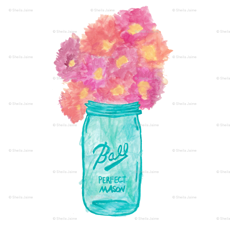 787x787 Watercolor Mason Jar With Flowers Fabric - Mason Jar Watercolor