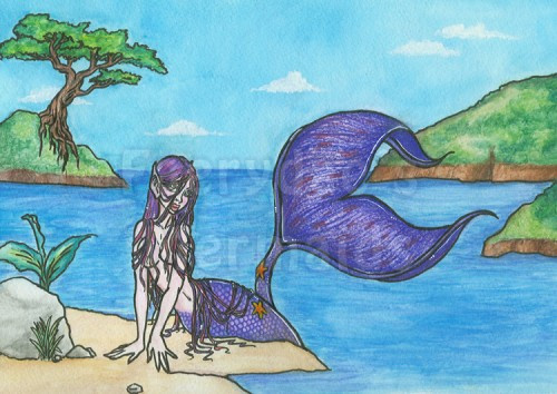 500x354 Mermaid Art Fantasy Big Eye Art 8x10 Watercolor Painting Lowbrow - Mermaid Paintings Watercolor
