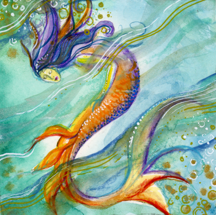 435x433 Mermaid Sleeps Watercolor Painting Theartofcat - Mermaid Paintings Watercolor