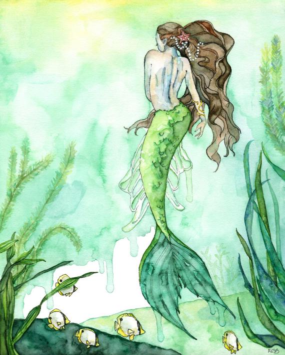 570x708 Watercolor Mermaid Painting Mermaid Print Beach Decor Etsy - Mermaid Paintings Watercolor