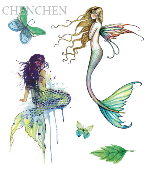 496x567 Mermaid Watercolor Temporary Tattoo Sticker For Body Art Water - Mermaid Watercolor
