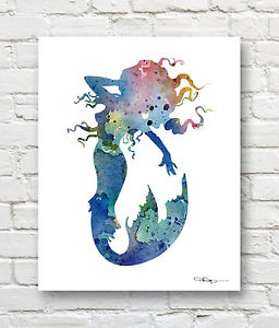 256x300 Mermaid Contemporary Watercolor Art Print By Artist Djr Ebay - Mermaid Watercolor Art