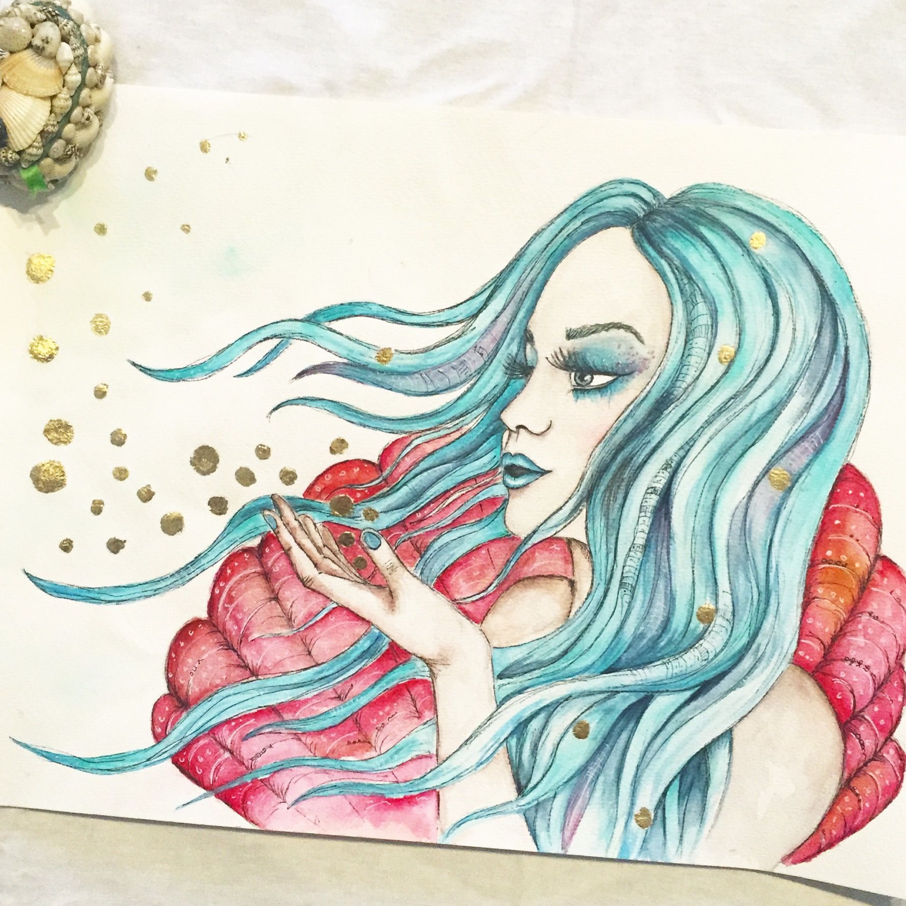 1778x1778 Mermaid Watercolour Art Painting, Blue Hair, Fantasy, Mystic Art - Mermaid Watercolor Art