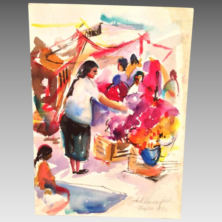 740x740 Mexican Market Watercolor Painting Signed By Ethel Lunenfeld - Mexican Watercolor