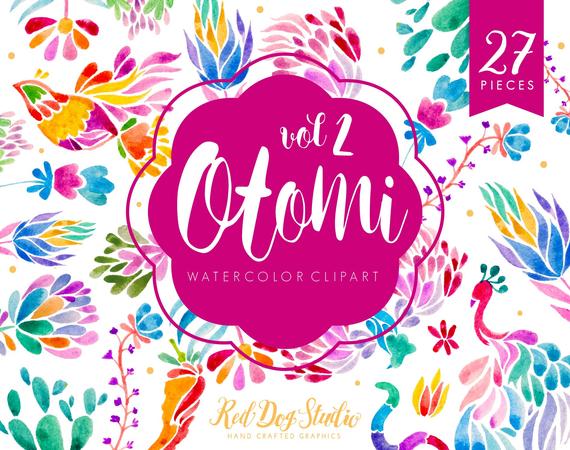 570x450 Mexican Otomi Clipart Volume 2 Mexican Watercolor Floral Clip Etsy - Mexican Watercolor